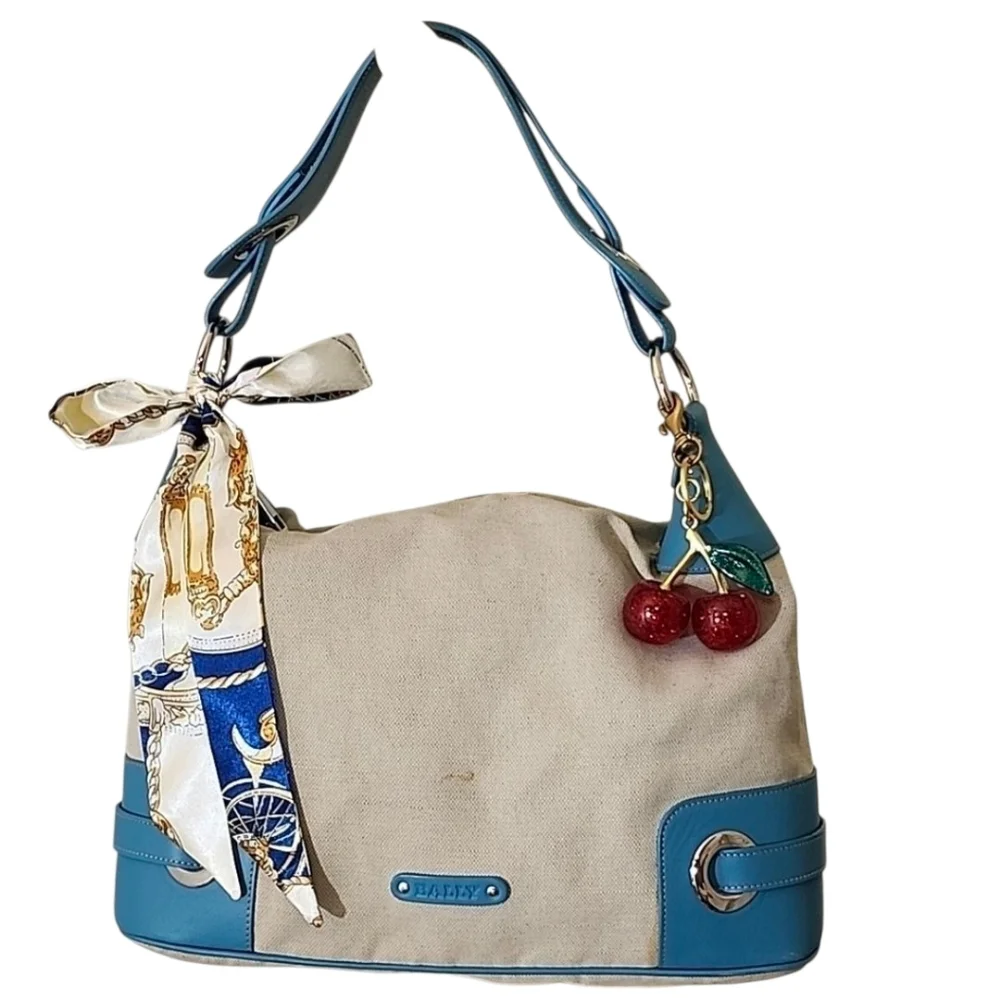 Bally Blue and Cream Canvas/ Leather Hobo Shoulder Bag